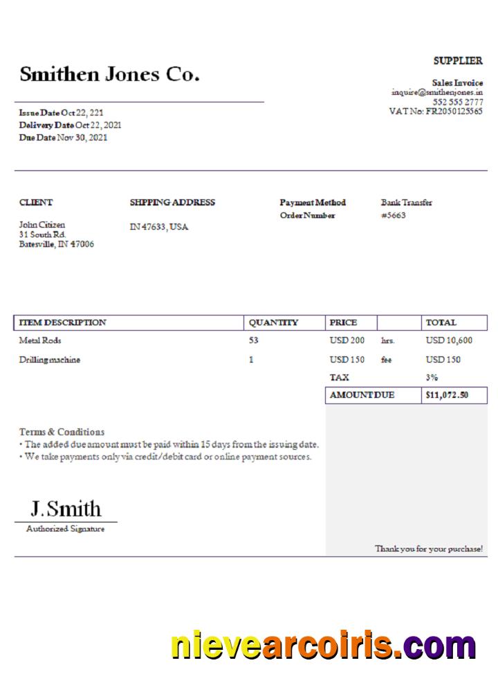 USA Smithen Jones Co. invoice